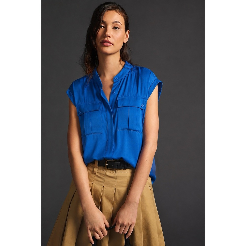 Vince 100% Silk Cargo Pocket Blouse Danube Blue Cap Sleeve Top Women's M $245